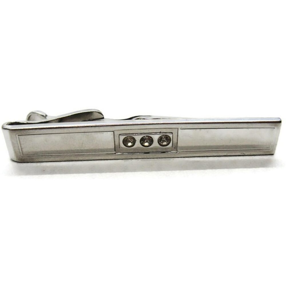 Swank Vintage Silver-Tone Tie Clip With 3 Rhinestones Center 2 1/8 Inches Mens